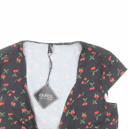 Zaful Womens Black Geometric Polyester Basic Blouse Size 8 V-Neck - Cherry Print