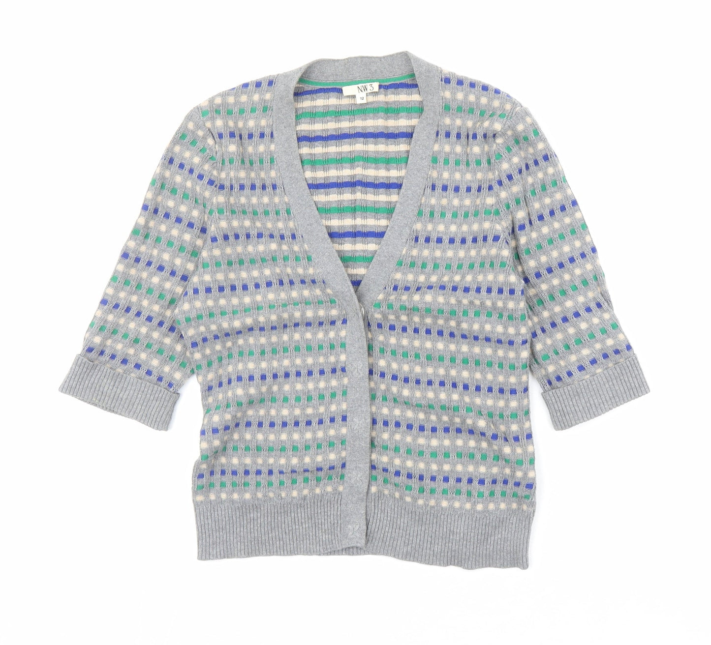 N.W.3 Womens Multicoloured V-Neck Geometric Cotton Cardigan Jumper Size 12