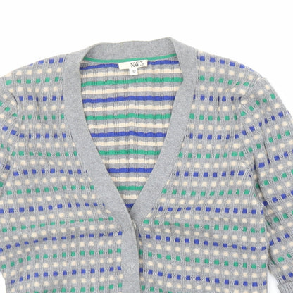N.W.3 Womens Multicoloured V-Neck Geometric Cotton Cardigan Jumper Size 12