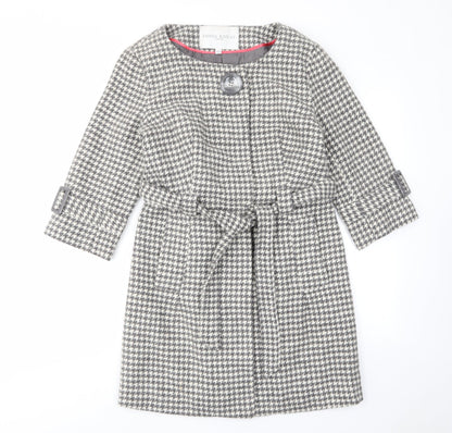 Edina Ronay Womens Grey Geometric Overcoat Coat Size 12 Button - Belt, Pockets, Houndstooth Pattern