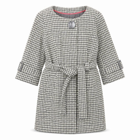 Edina Ronay Womens Grey Geometric Overcoat Coat Size 12 Button - Belt, Pockets, Houndstooth Pattern