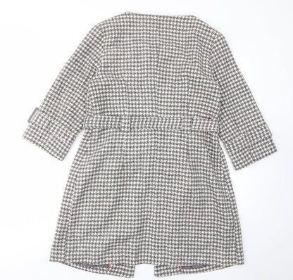 Edina Ronay Womens Grey Geometric Overcoat Coat Size 12 Button - Belt, Pockets, Houndstooth Pattern
