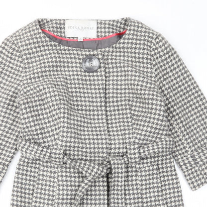 Edina Ronay Womens Grey Geometric Overcoat Coat Size 12 Button - Belt, Pockets, Houndstooth Pattern