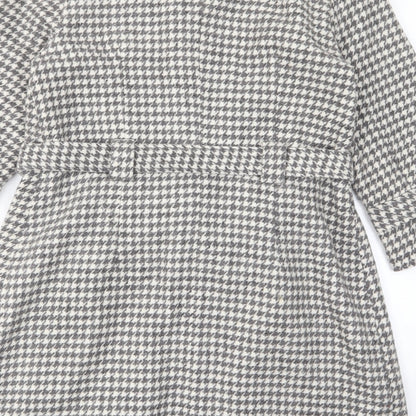 Edina Ronay Womens Grey Geometric Overcoat Coat Size 12 Button - Belt, Pockets, Houndstooth Pattern