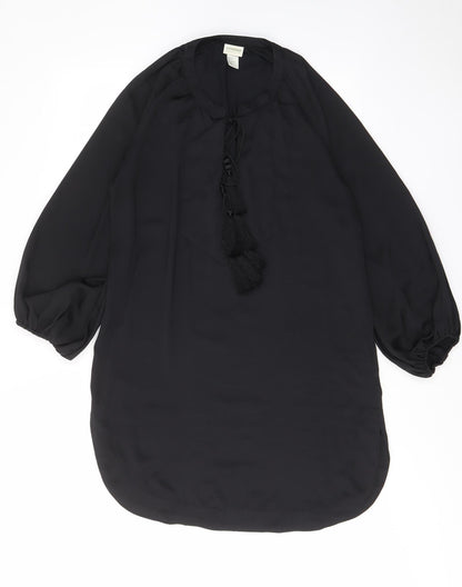 H&M Womens Black Polyester A-Line Size 8 V-Neck Pullover - Tassled, Keyhole neck