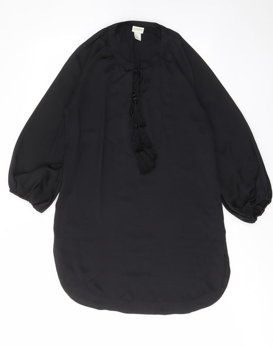 H&M Womens Black Polyester A-Line Size 8 V-Neck Pullover - Tassled, Keyhole neck