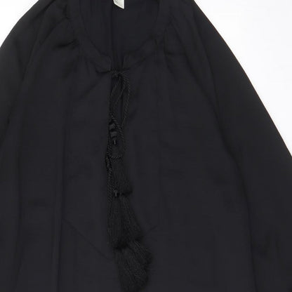 H&M Womens Black Polyester A-Line Size 8 V-Neck Pullover - Tassled, Keyhole neck