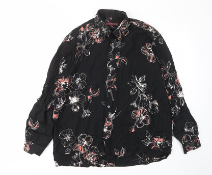 Caserini Womens Black Floral Viscose Basic Button-Up Size XL Collared - Pocket