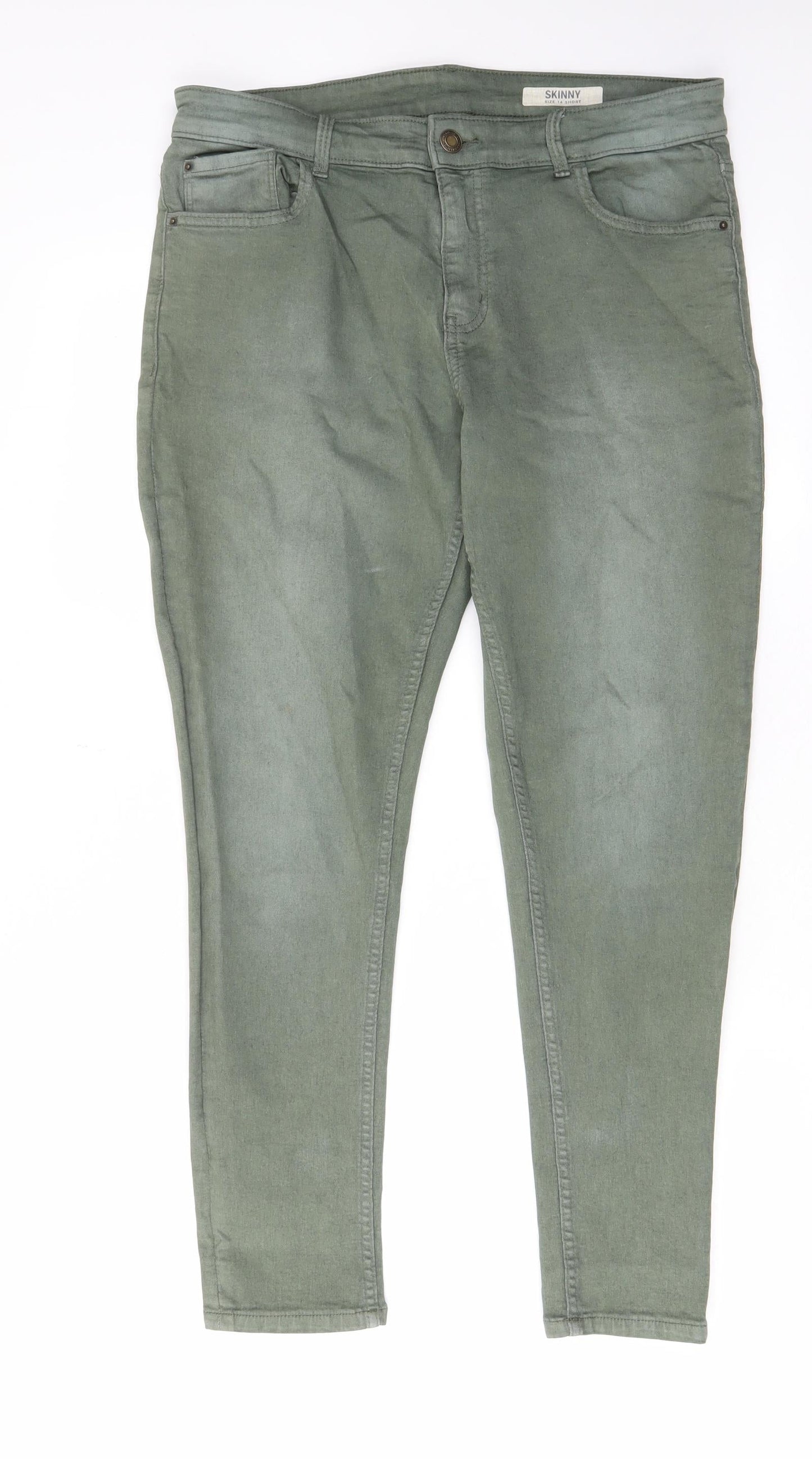 Marks and Spencer Womens Green Cotton Skinny Jeans Size 14 L27 in Regular Zip - Pockets