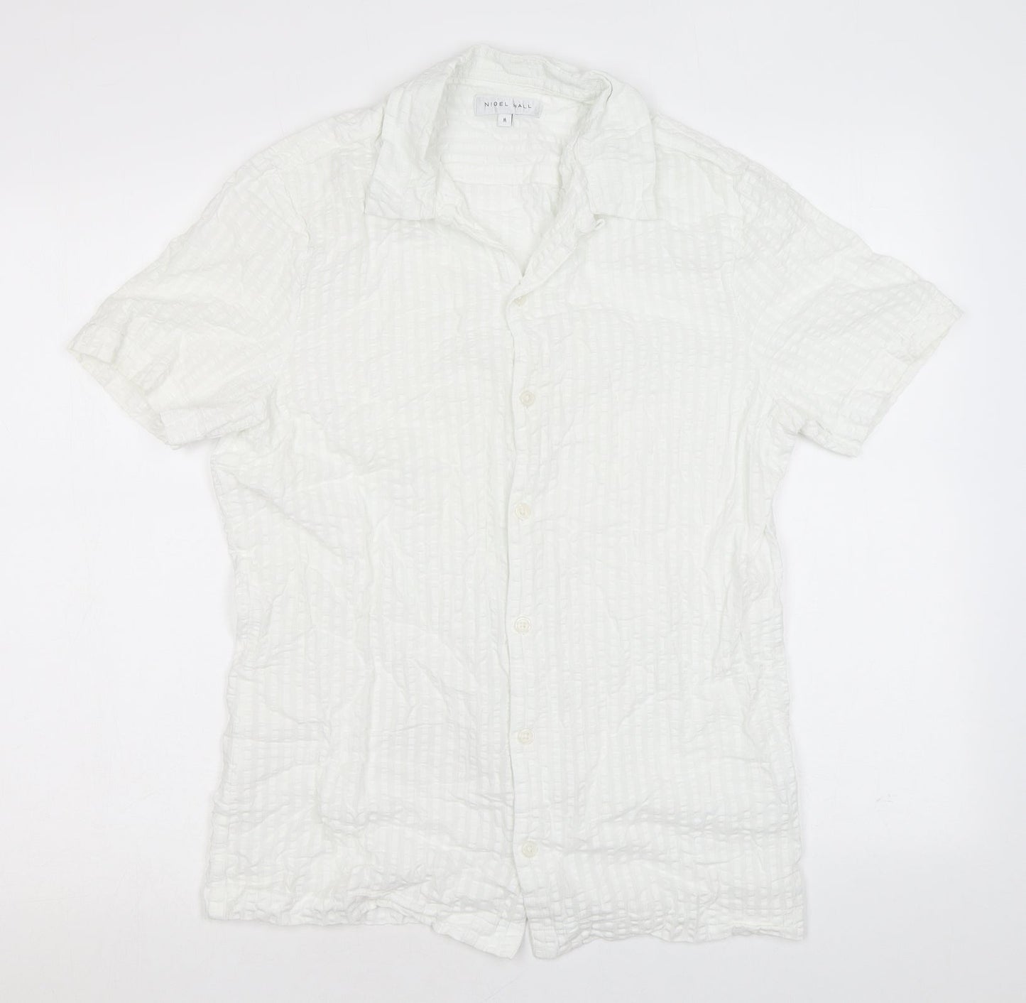 Nigel Hall Mens White Polyester Button-Up Size M Collared Button - Waffle fabric