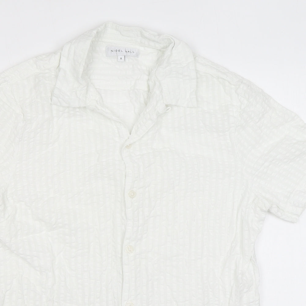 Nigel Hall Mens White Polyester Button-Up Size M Collared Button - Waffle fabric
