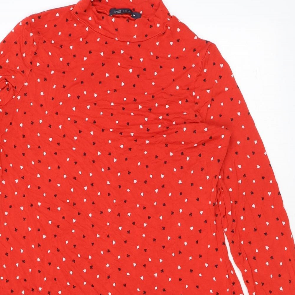 Marks and Spencer Womens Red Geometric Viscose A-Line Size 8 Mock Neck Pullover - Card Suits Print