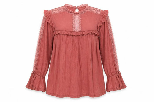 Front view of ASOS women’s pink viscose tunic blouse, size UK 8, mock neck - lace, ruffles