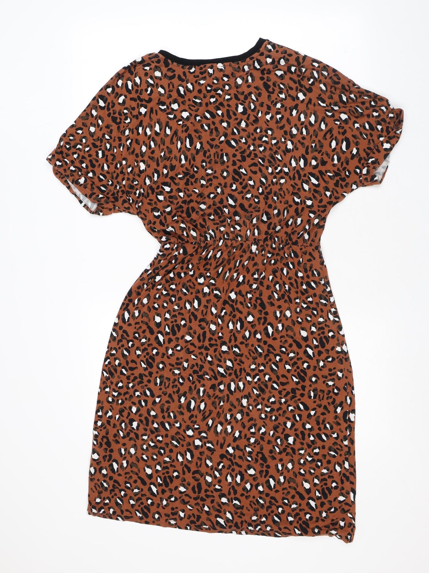 Warehouse Womens Brown Animal Print Viscose T-Shirt Dress Size 8 Round Neck Pullover - Leopard Print, Tie