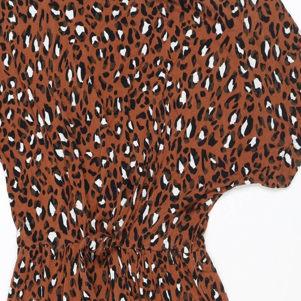 Warehouse Womens Brown Animal Print Viscose T-Shirt Dress Size 8 Round Neck Pullover - Leopard Print, Tie