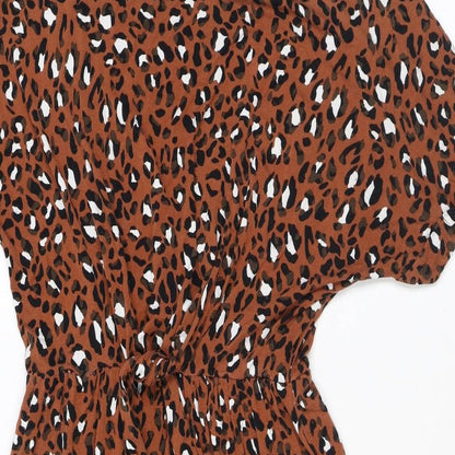 Warehouse Womens Brown Animal Print Viscose T-Shirt Dress Size 8 Round Neck Pullover - Leopard Print, Tie