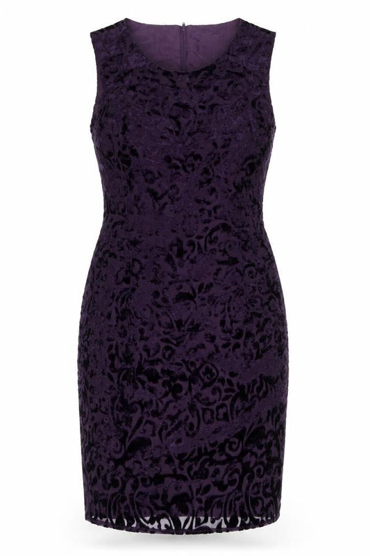 Front view of Kaleidoscope women’s purple paisley viscose pencil dress, size UK 12, scoop neck zip