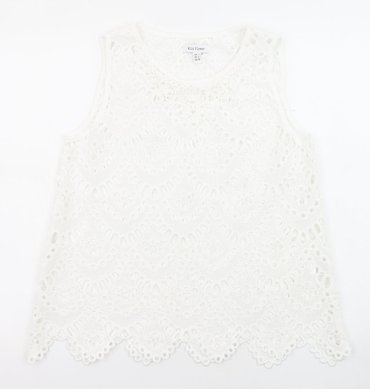 Additional front view of Wild Flower women’s white polyester basic blouse, size L, crew neck - gemstones