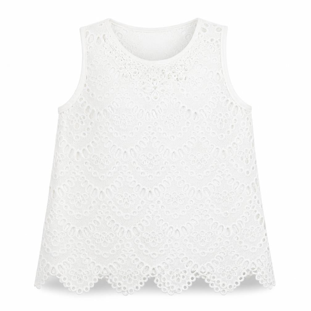 Front view of Wild Flower women’s white polyester basic blouse, size L, crew neck - gemstones