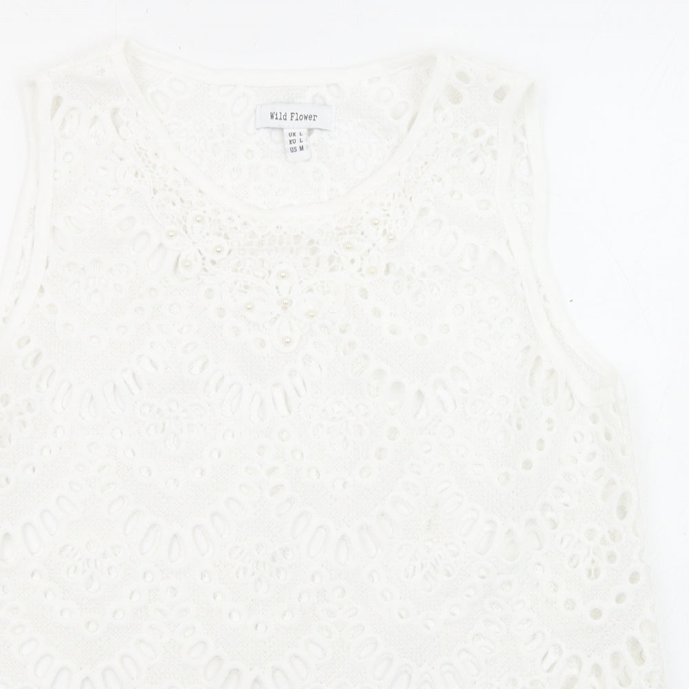 Close-up detail of Wild Flower women’s white polyester basic blouse, size L, crew neck - gemstones