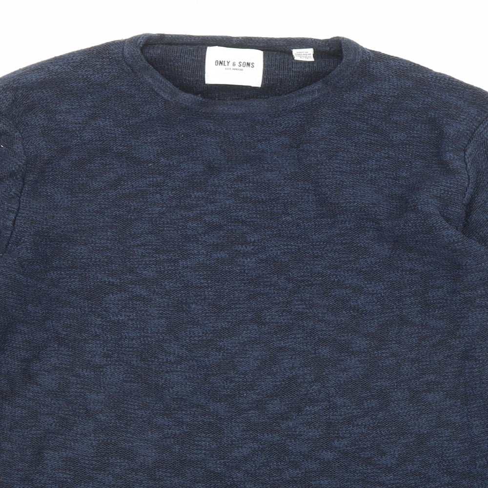 ONLY & SONS Mens Blue Round Neck Cotton Pullover Jumper Size S Long Sleeve