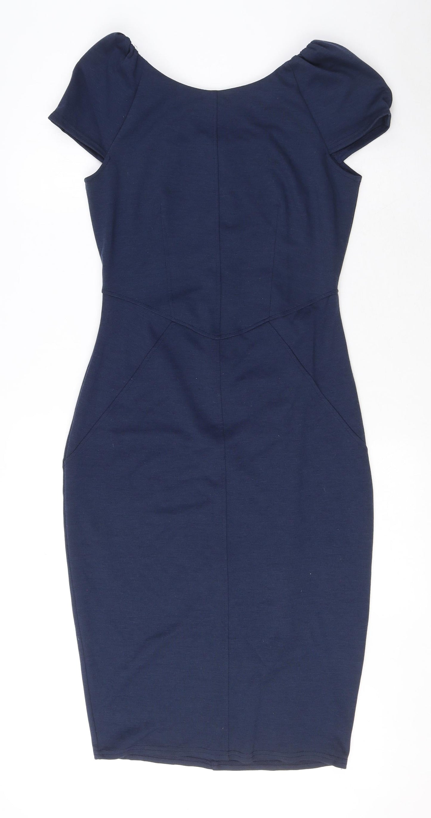 Closet Womens Blue Polyester Pencil Dress Size 10 Boat Neck Zip - Puff Shoulder