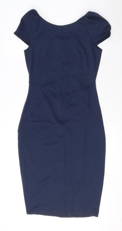 Closet Womens Blue Polyester Pencil Dress Size 10 Boat Neck Zip - Puff Shoulder