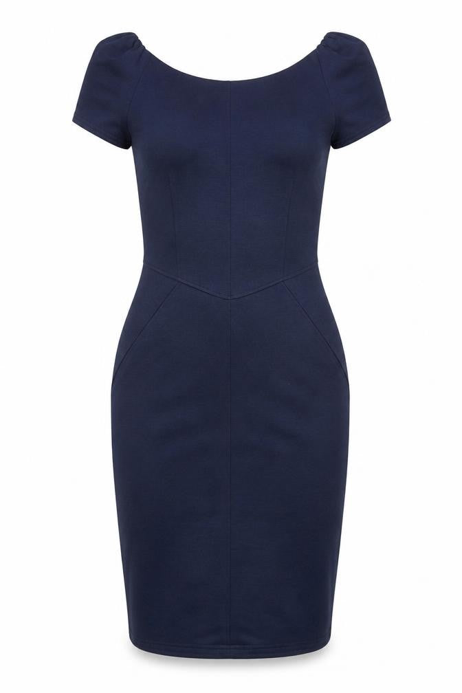 Closet Womens Blue Polyester Pencil Dress Size 10 Boat Neck Zip - Puff Shoulder
