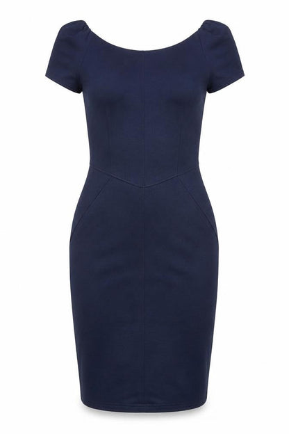 Closet Womens Blue Polyester Pencil Dress Size 10 Boat Neck Zip - Puff Shoulder