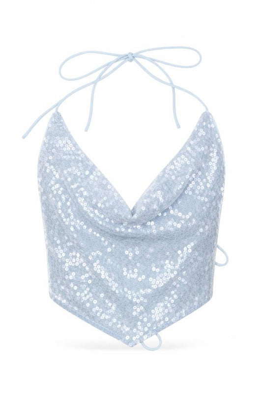 Front view of ASOS women’s blue polyester cropped blouse, size UK 10, cowl neck - backless, sequin