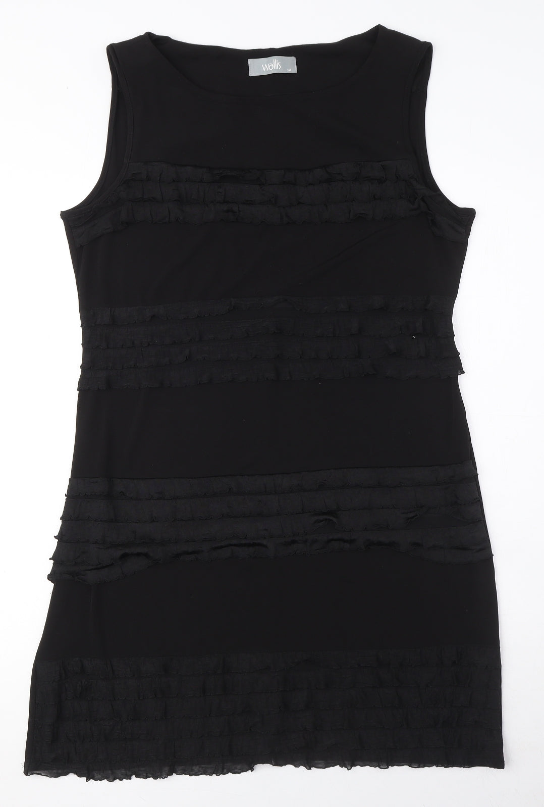 Wallis Womens Black Polyester A-Line Size 14 Boat Neck Pullover - Ruffle Detail