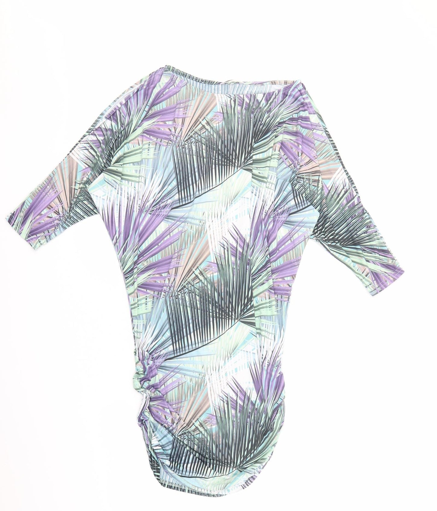 Shakti Shanti Womens Multicoloured Geometric Polyester T-Shirt Dress Size 6 Boat Neck Pullover - Ruched Sides Cold Shoulder