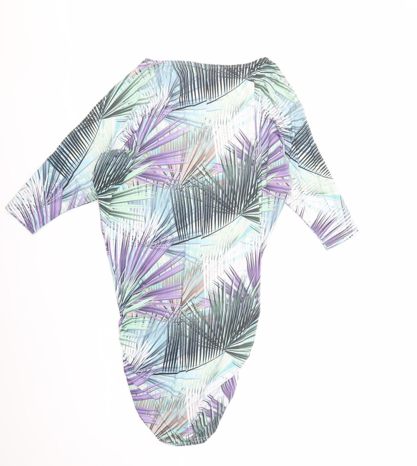 Shakti Shanti Womens Multicoloured Geometric Polyester T-Shirt Dress Size 6 Boat Neck Pullover - Ruched Sides Cold Shoulder