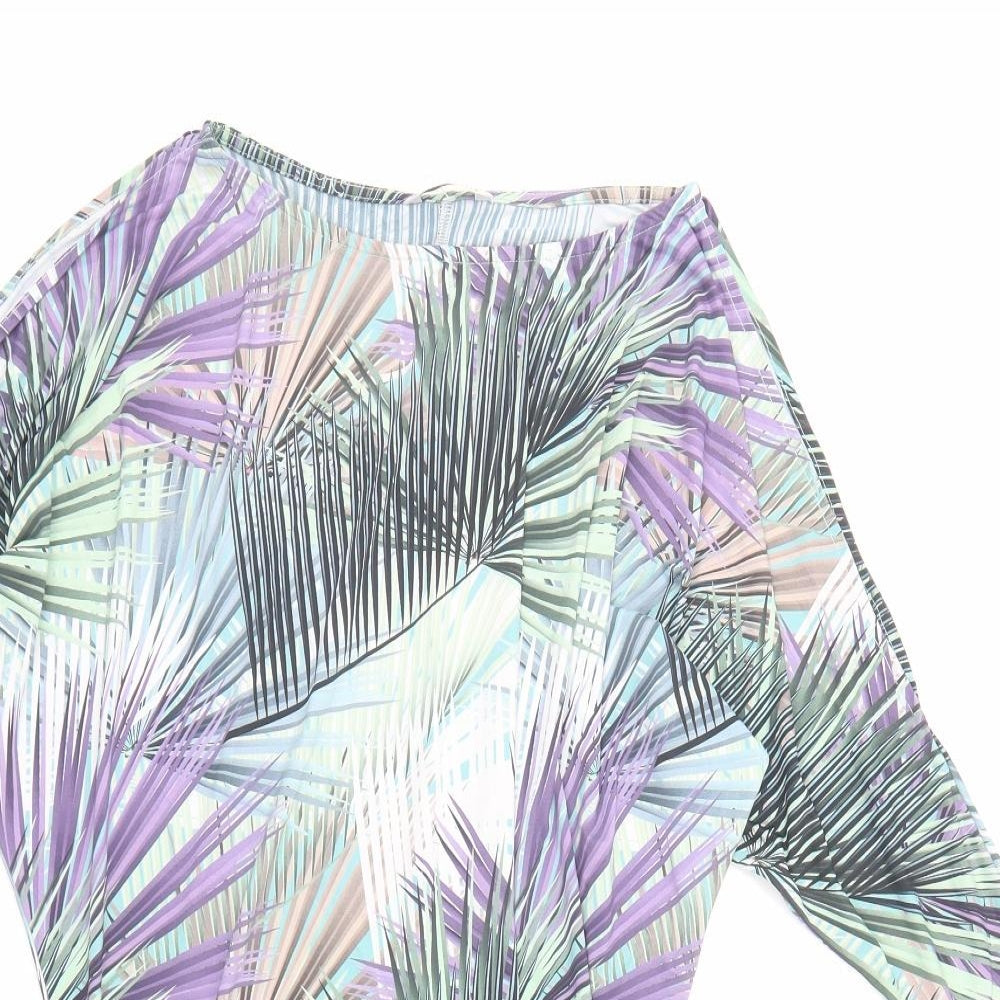 Shakti Shanti Womens Multicoloured Geometric Polyester T-Shirt Dress Size 6 Boat Neck Pullover - Ruched Sides Cold Shoulder