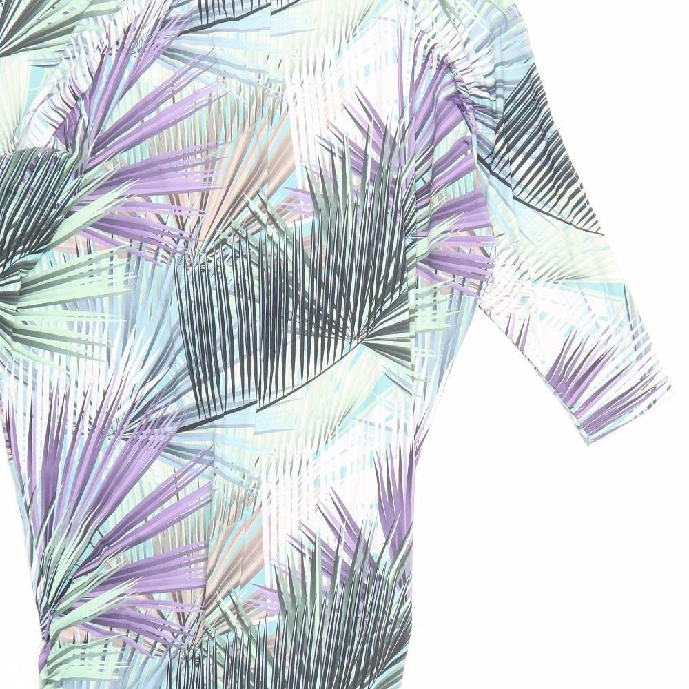 Shakti Shanti Womens Multicoloured Geometric Polyester T-Shirt Dress Size 6 Boat Neck Pullover - Ruched Sides Cold Shoulder