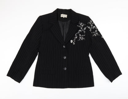 Bella Rigura Womens Black Striped Polyester Jacket Blazer Size 10 - Floral Embroidery