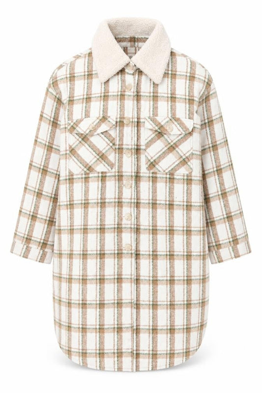 Front view of Fashion Union women’s beige plaid overcoat coat, size UK 22, button