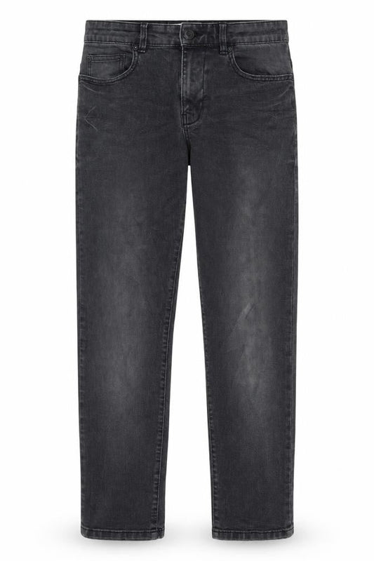 Front view of Easy men’s grey cotton straight jeans, size 30, in, 32-inch leg regular zip