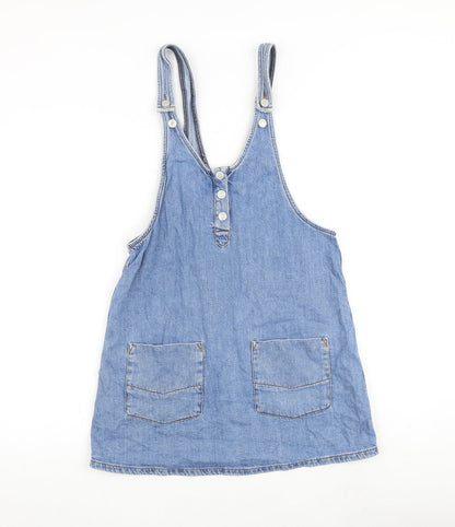 Pull&Bear Womens Blue 100% Cotton Tank Dress Size S Scoop Neck Button