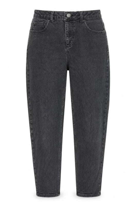 Front view of Miss Selfridge women’s grey cotton mom jeans, size UK 12, 24-inch leg regular tie
