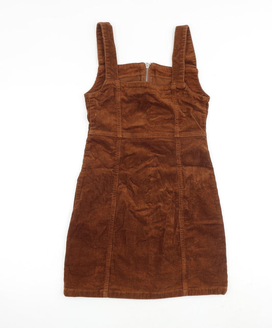 Denim & Co. Womens Brown Cotton Pinafore/Dungaree Dress Size 6 Square Neck Zip