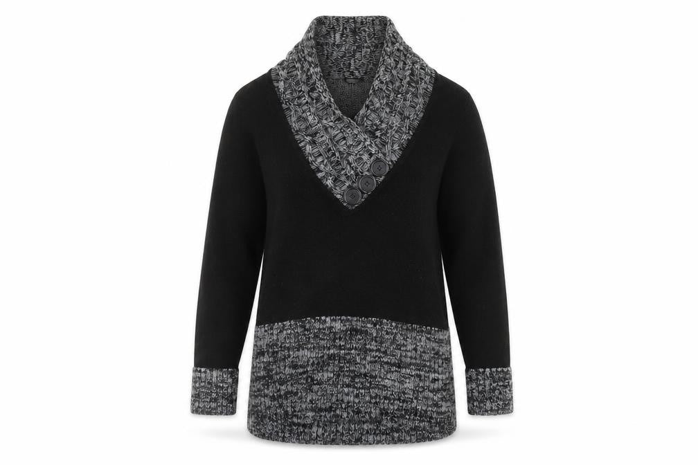 Front view of Romamn women’s black v-neck acrylic jumper, size UK 10