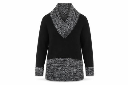 Front view of Romamn women’s black v-neck acrylic jumper, size UK 10