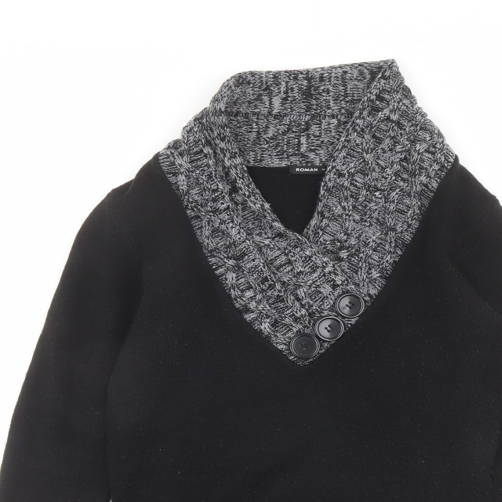 Close-up detail of Romamn women’s black v-neck acrylic jumper, size UK 10