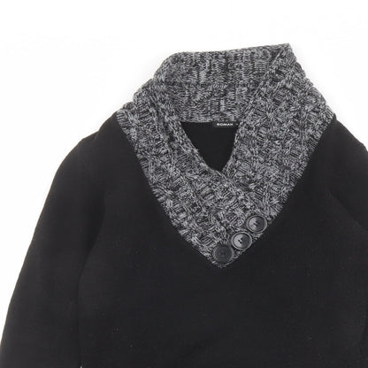 Close-up detail of Romamn women’s black v-neck acrylic jumper, size UK 10