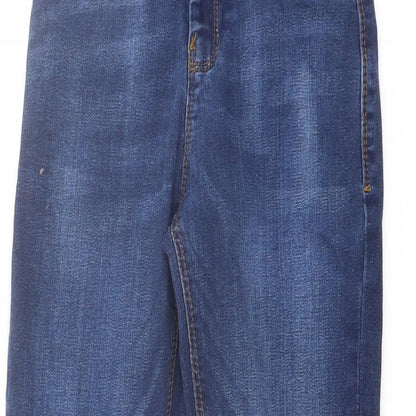 Close-up detail of Next boys’ blue cotton straight jeans, size 9, months regular button