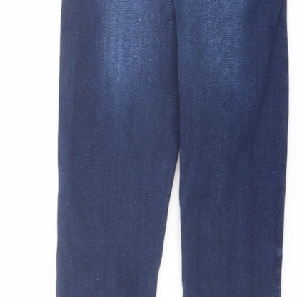 Brand and care label for Next boys’ blue cotton straight jeans, size 9, months regular button
