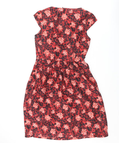 Amitié Womens Red Floral Viscose A-Line Size 10 Scoop Neck Zip