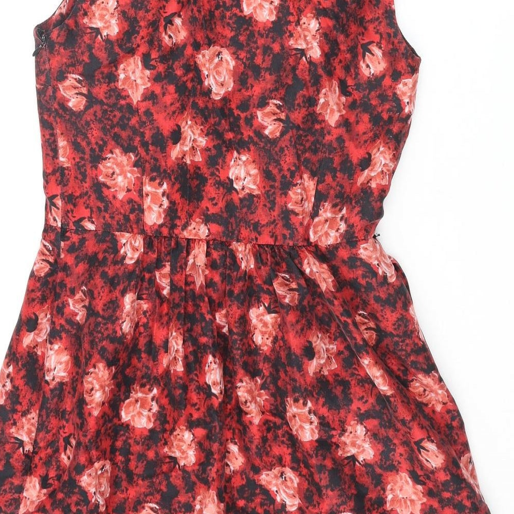 Amitié Womens Red Floral Viscose A-Line Size 10 Scoop Neck Zip