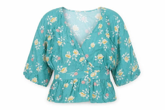 Front view of Red Herring women’s blue floral viscose basic blouse, size UK 8, v-neck